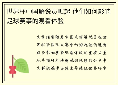 世界杯中国解说员崛起 他们如何影响足球赛事的观看体验